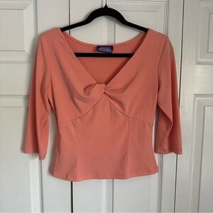Y2K Babydoll Shirt Womens Small Peach Twist Front V Neck 3/4 Sleeve Coquette USA